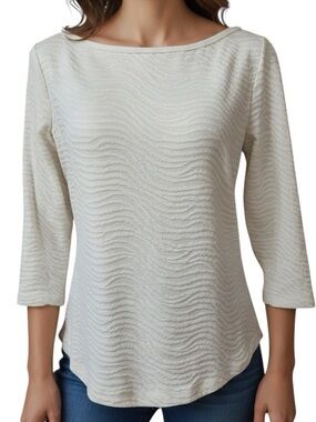 J. McLaughlin White Wave-Texture Boatneck Top with 3/4 Sleeves Size Large